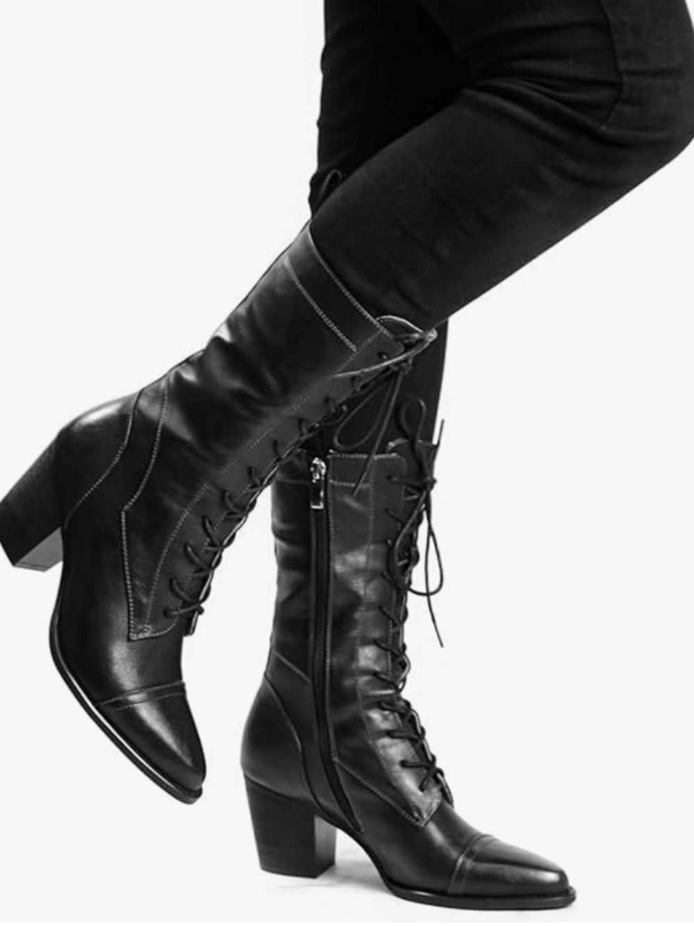Black Lace-Up Mid-Calf Block Heel Boots 6.5